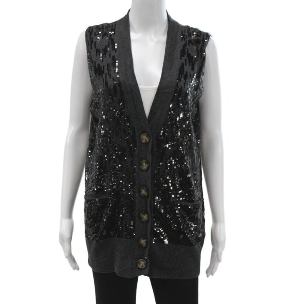 Tory Burch Womens Sequin Wool V Neck Sweater Vest Black Size M